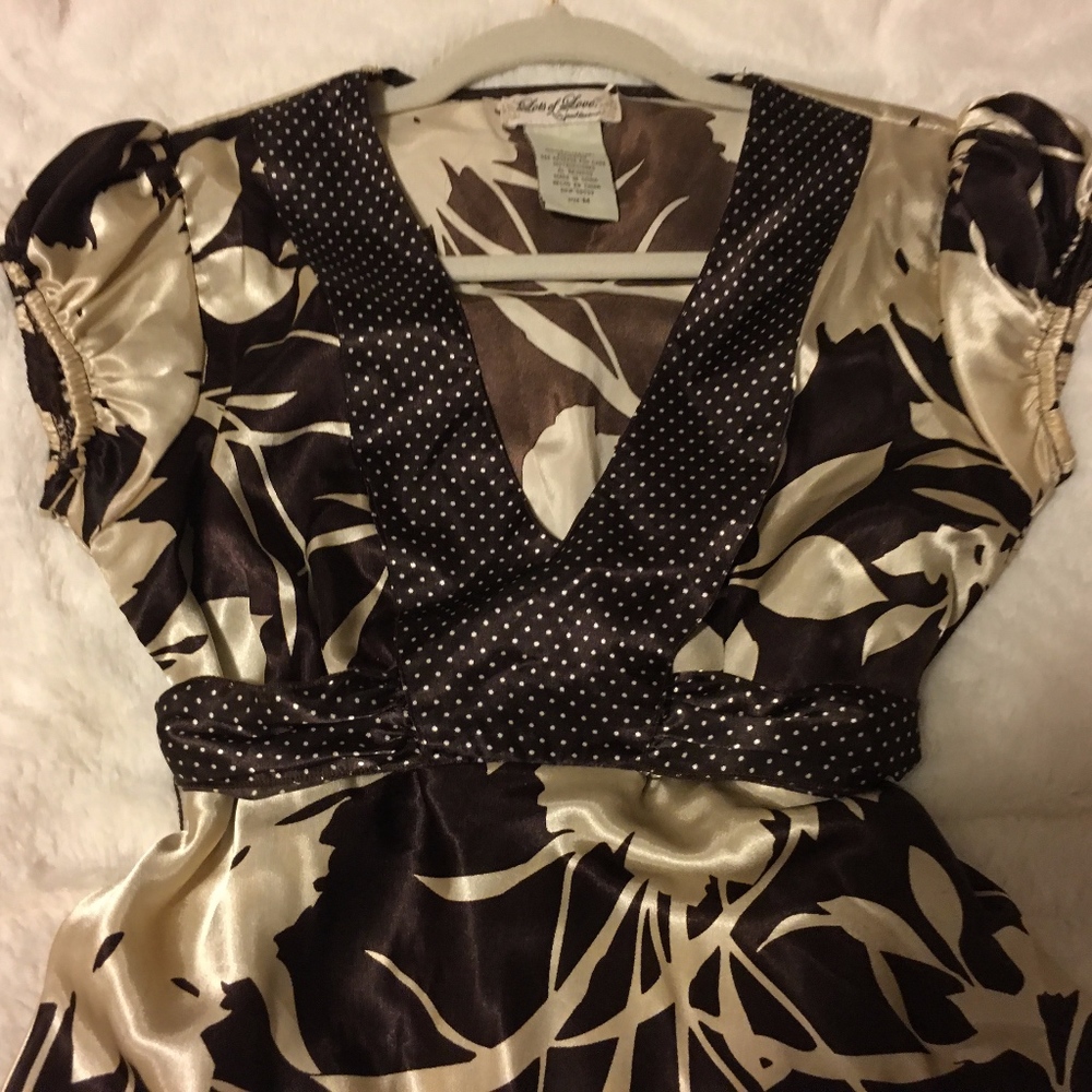 Brown & Cream Silky Blouse floral and polka dot